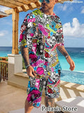 Summer Graffiti Sportswear Men's Fun T-shirt Set Manga Loose Clothing Hip Hop