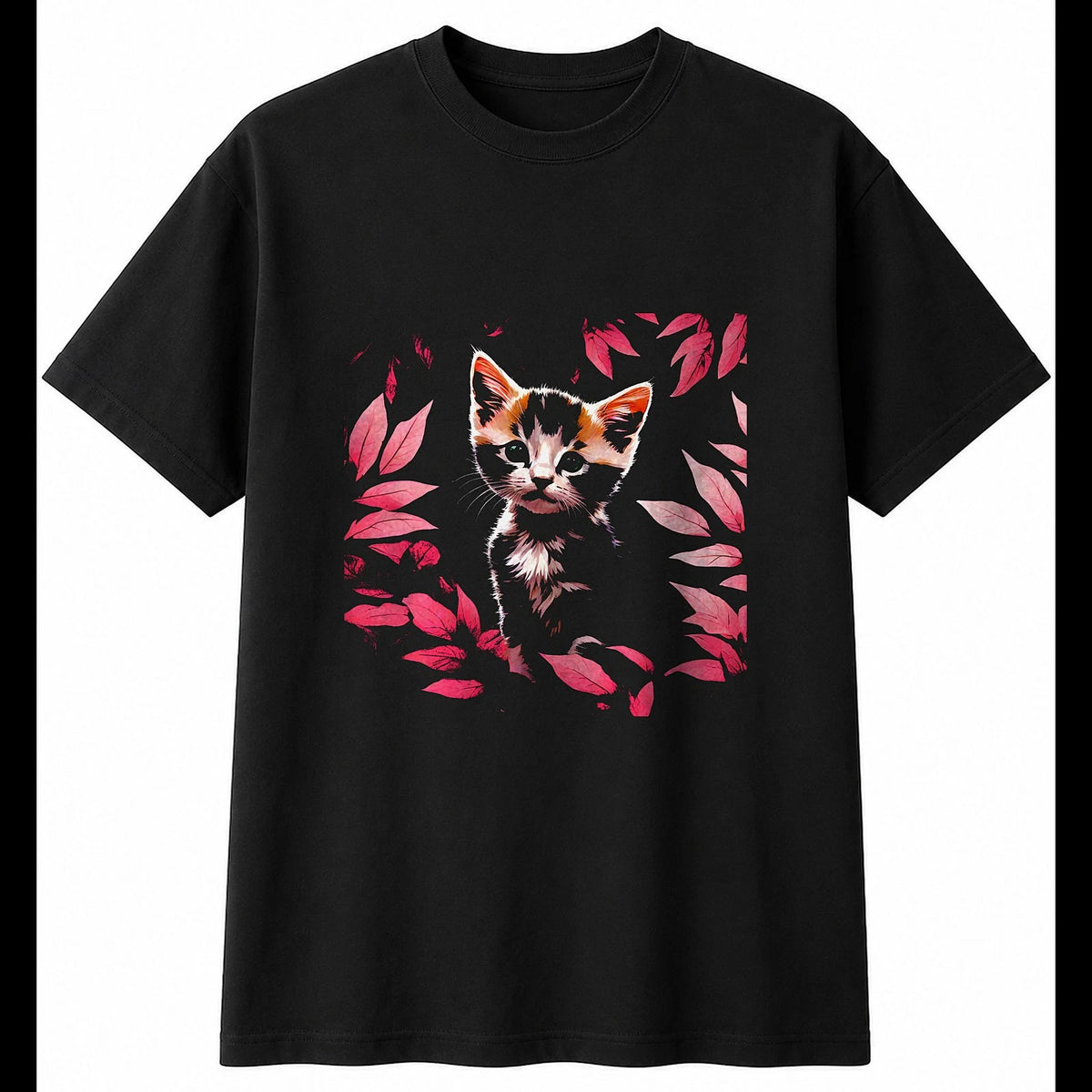 Botanical Kitten Torn Paper Cat Cute Mens T-Shirt Black 100% Cotton Kawaii