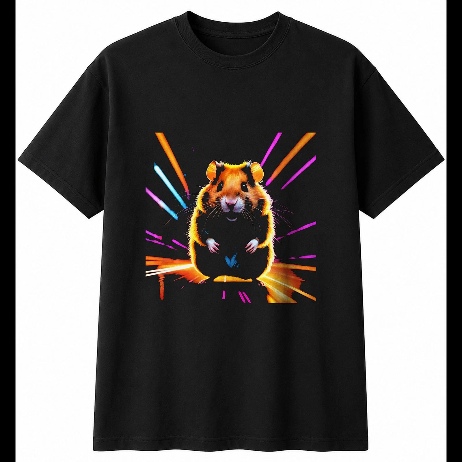 Anime Syrian Hamster Neon Glow Cute Mens T-Shirt Black 100% Cotton Kawaii