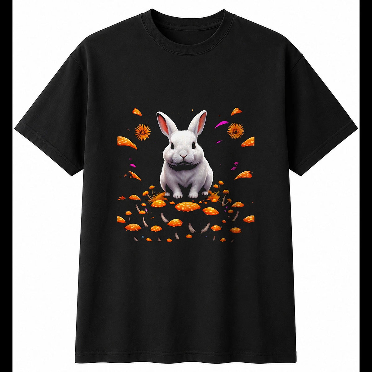 Dark Fantasy Netherland Dwarf Rabbit with Mushrooms Cute Mens T-Shirt Black