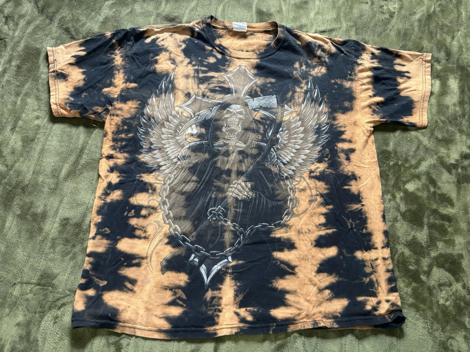 Vintage Y2K Shirt Mens XL Orange Black Tie Dye Reaper Celtic Cross Winged Skull
