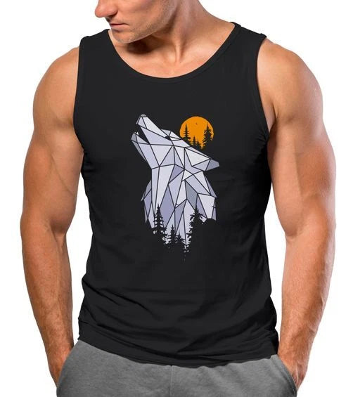 Mens Tank Top Shirt Polygon Print Wolf Forest Outdoor Adventure Nature Animal Print