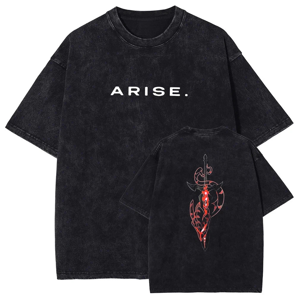 Solo Leveling ARISE T Shirt Sung Jinwoo Anime Vintage Wash Cotton Tee S-XXL