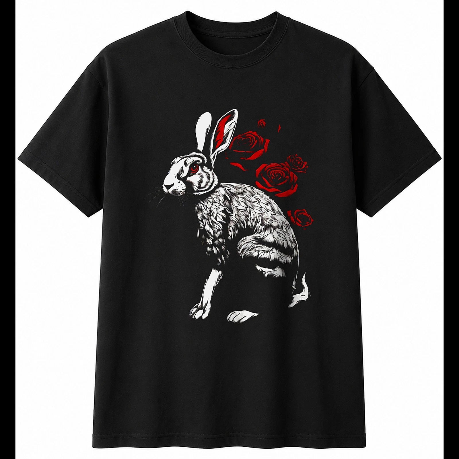 Graphic Flemish Giant Rabbit with Roses Cute Mens T-Shirt Black 100% Cotton
