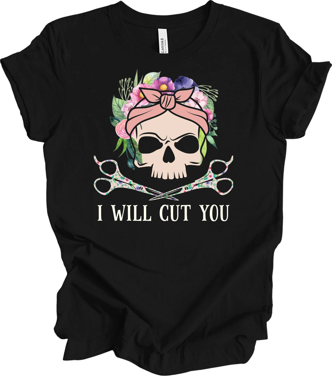 I'll Cut You Hairdresser T-Shirt Funny Skull Hairstylist Barber Gift Floral Tee