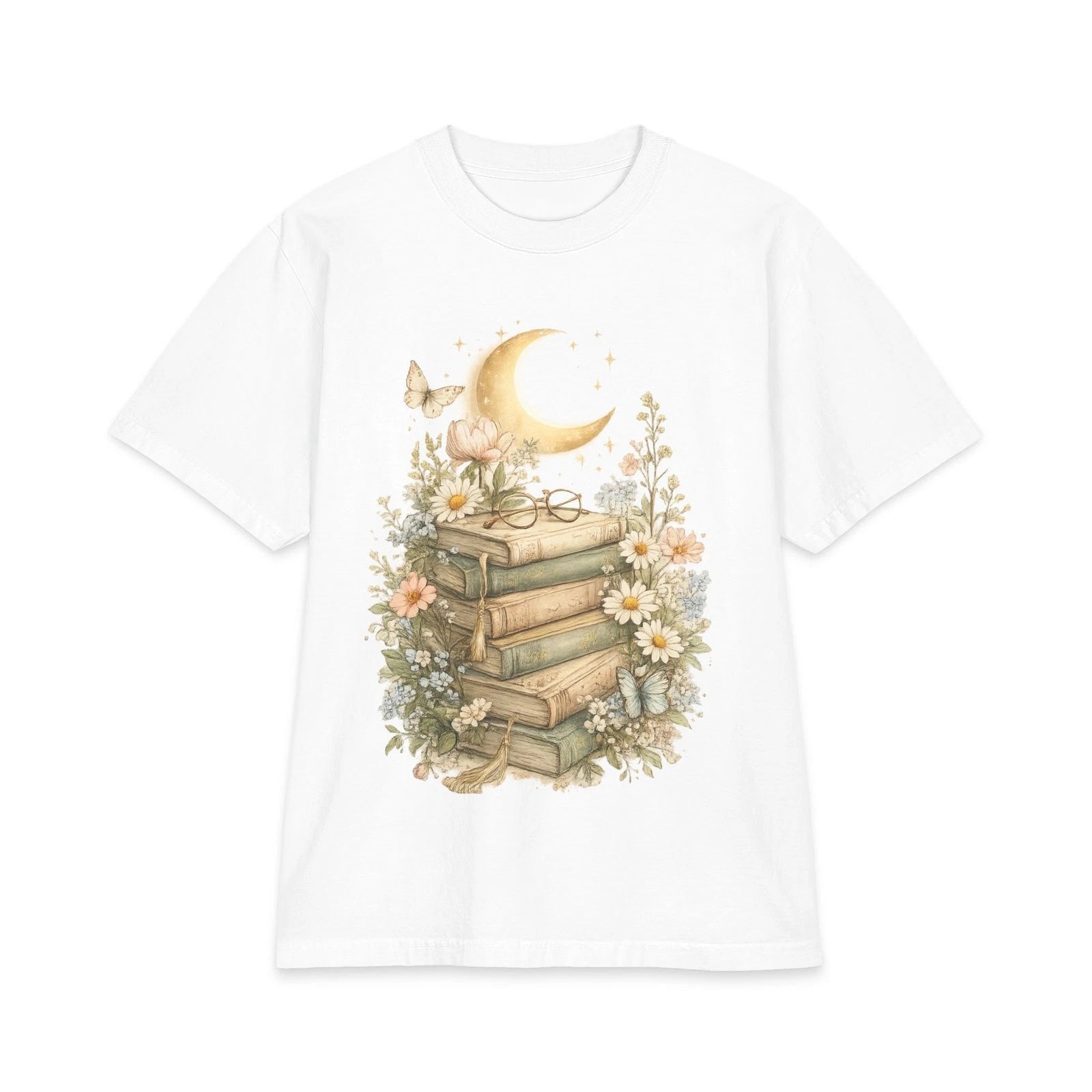 Moon, Stacked Books & Daisies T-Shirt | Vintage Floral Booklover Tee