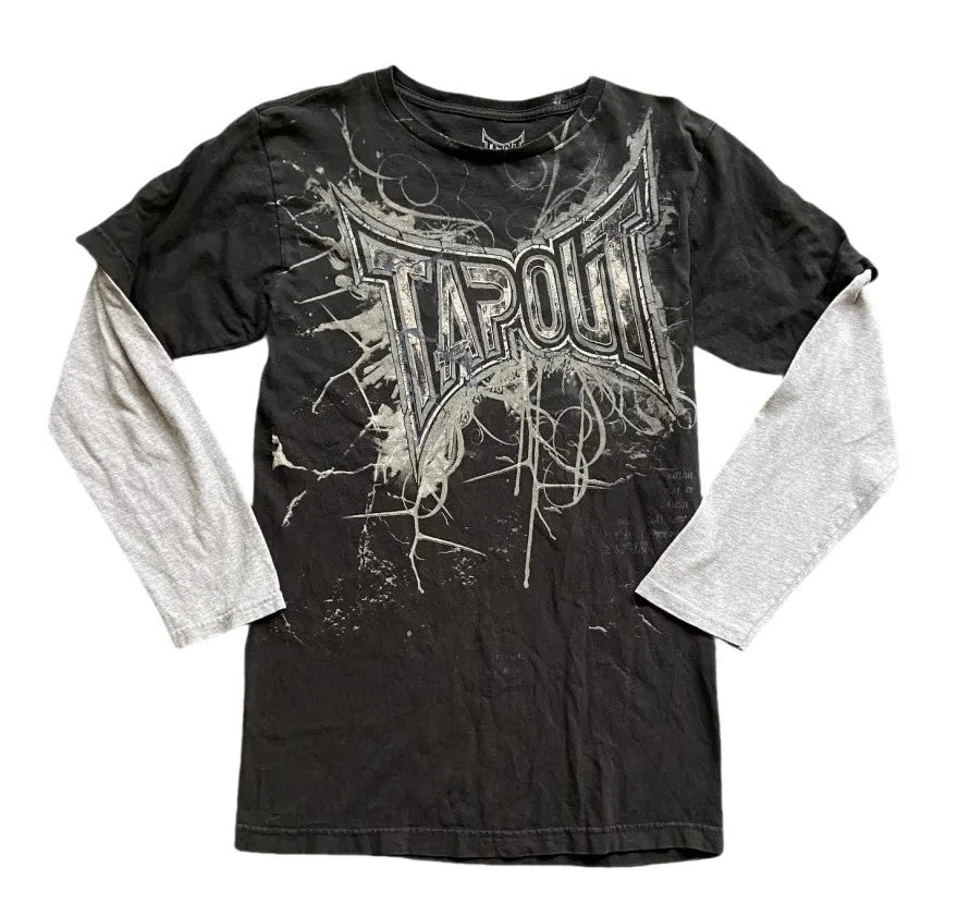 TapOut Y2K long-sleeved Fake Two Piece Gothic layered round neck graphic T-shirt