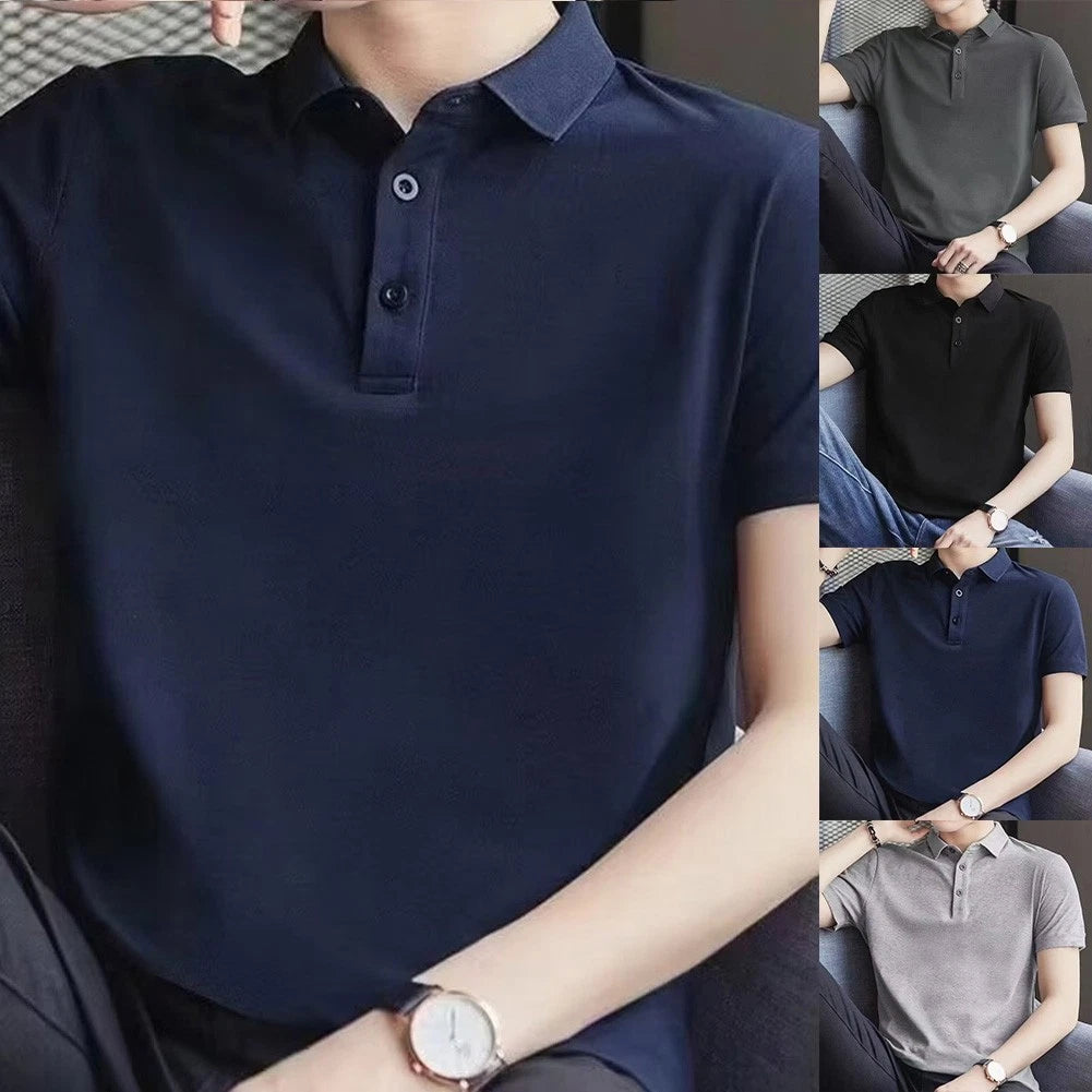 Men's Short Sleeve T Shirt Lapel Collar Solid Color Breathable Streetwear