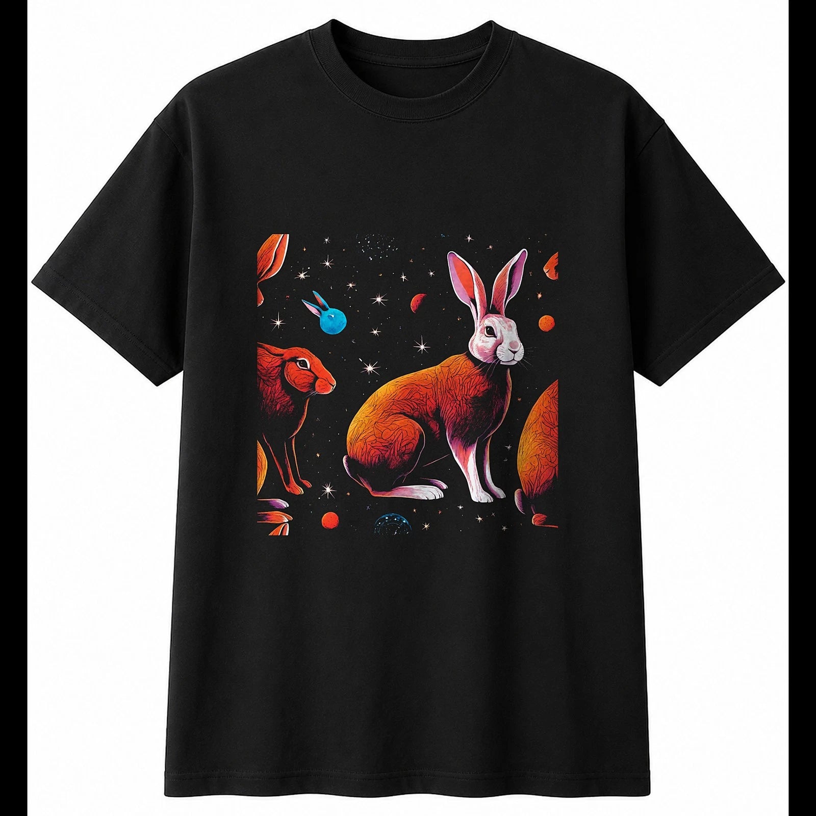 Flemish Giant Rabbit Under the Stars Cute Mens T-Shirt Black 100% Cotton Kawaii