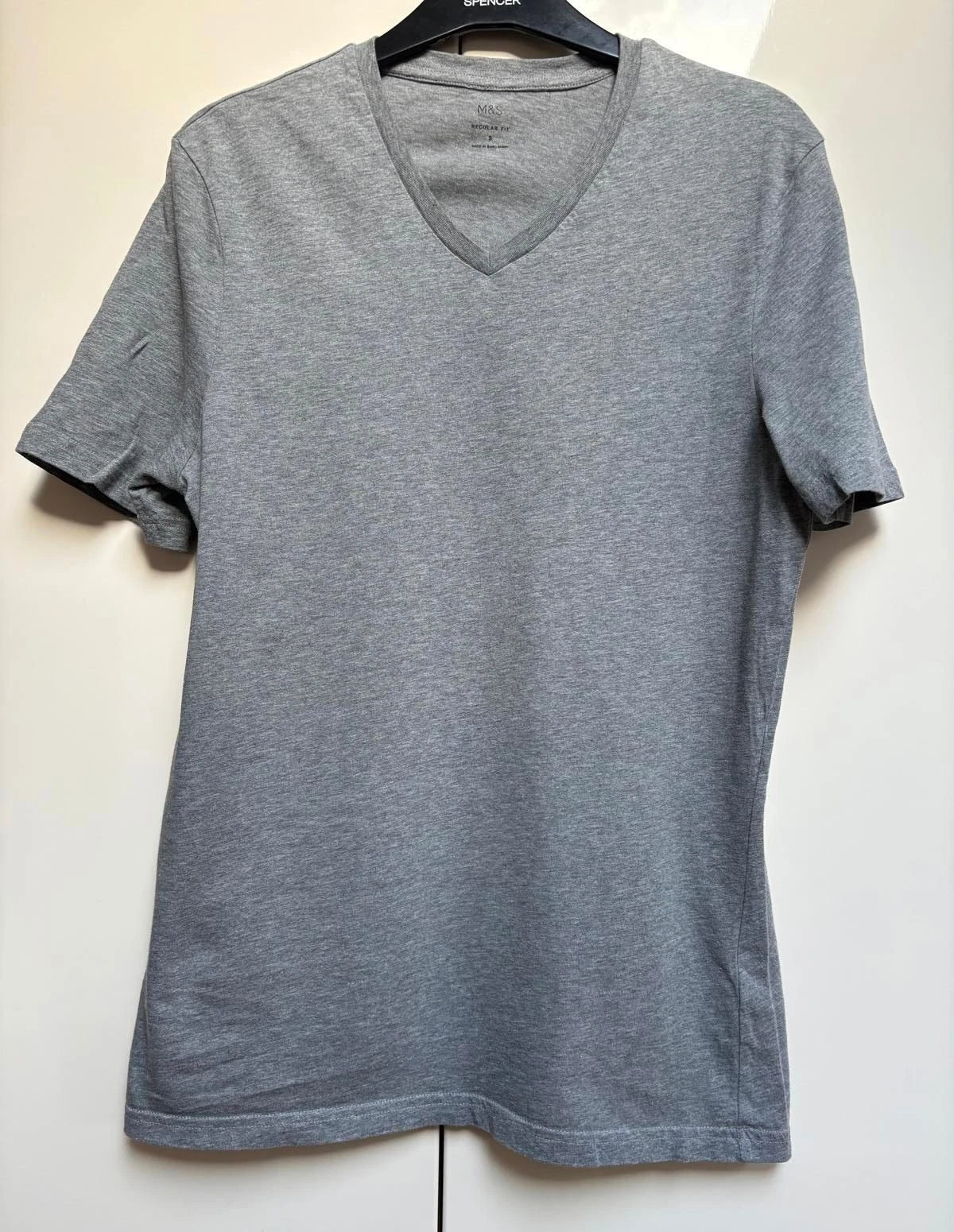 M&S Men's Grey Cotton Regular Fit V Neck T-Shirt, Small