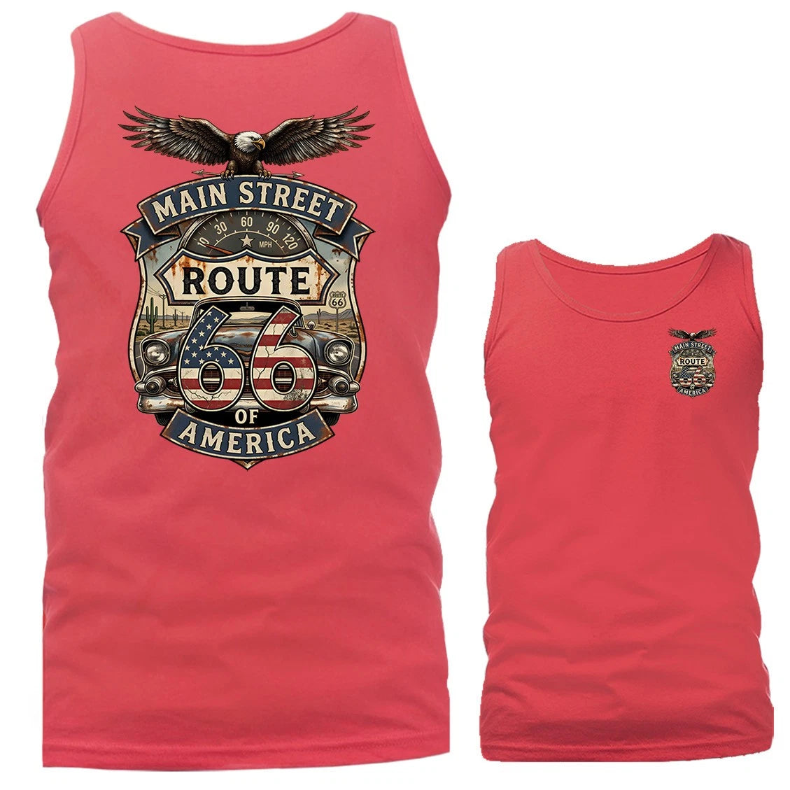 Route 66 Main Street of America Patriotic Eagle Vintage Car USA Flag Tank Top