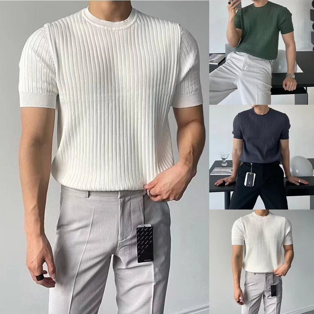 Men Slim T-shirt Short Sleeve Workout Slim Fit Knitted Crew Neck Short Sleeve
