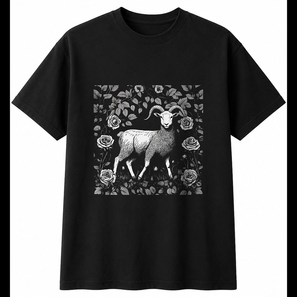 Botanical Lamb with Roses Sheep Cute Mens T-Shirt Black 100% Cotton Kawaii