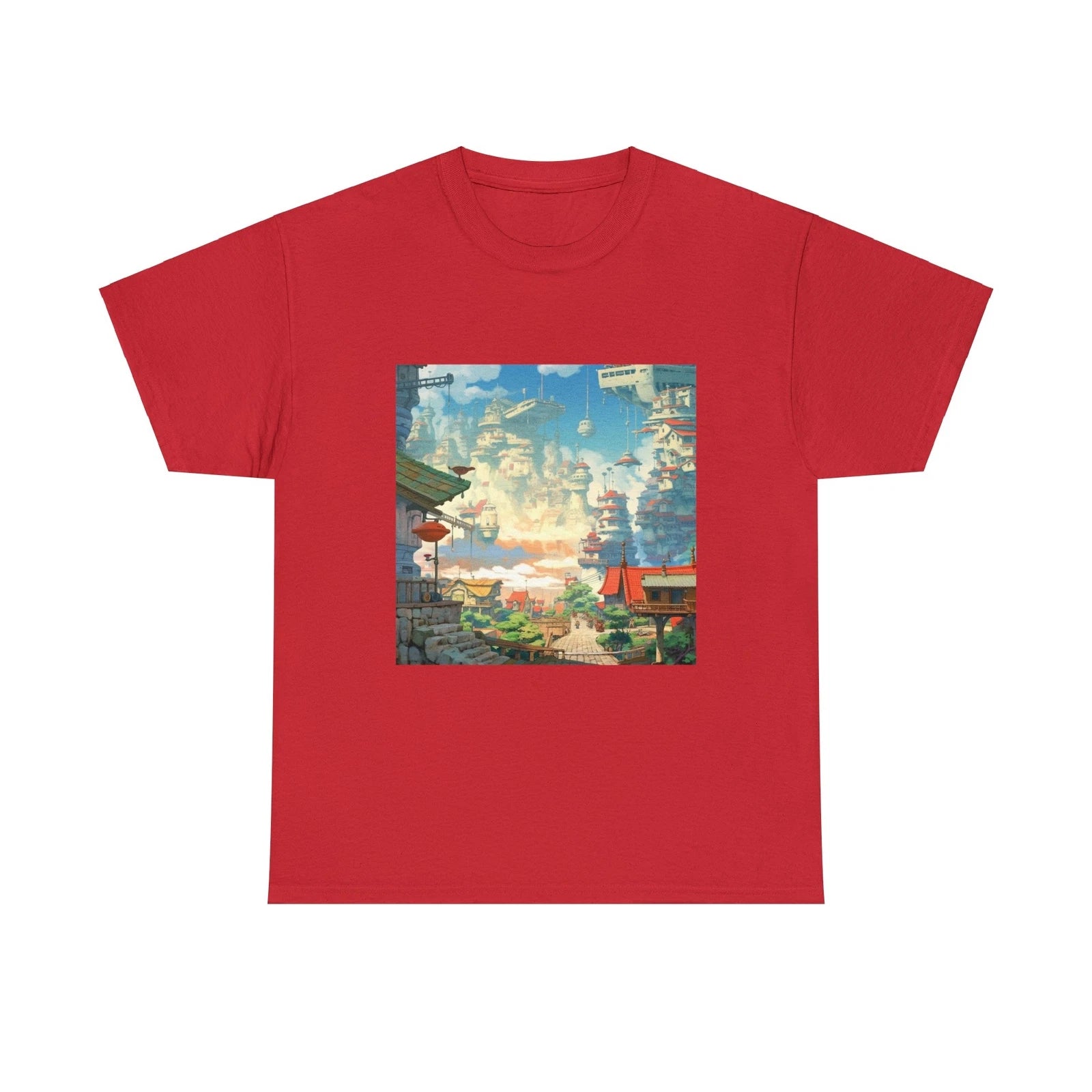 Studio Ghibli Style City Landscape Graphic Print Unisex Heavy Cotton Tee Shirt