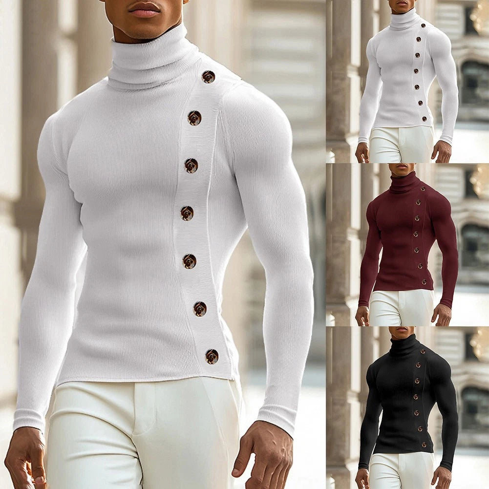 Mens Button Down Turtleneck Shirt Long Sleeve Slim Fit Streetwear for Cold Days