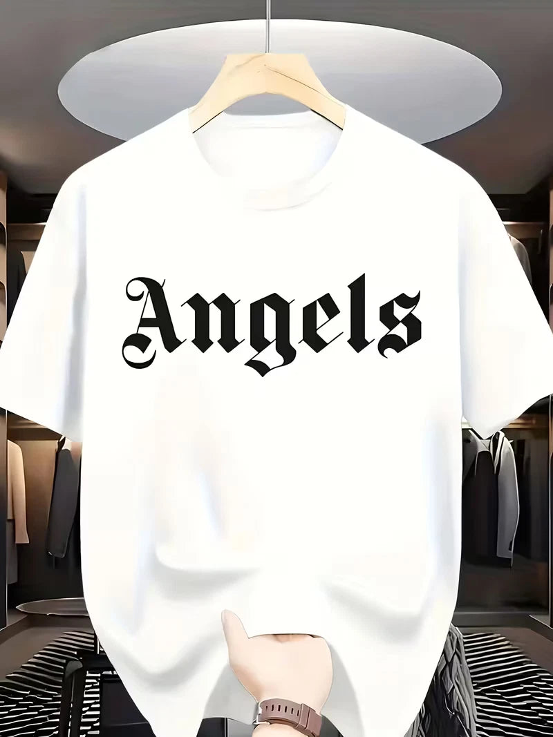 Men's Angels Print T-Shirt Casual Cotton Crew Neck Summer Streetwear Tee Shirt