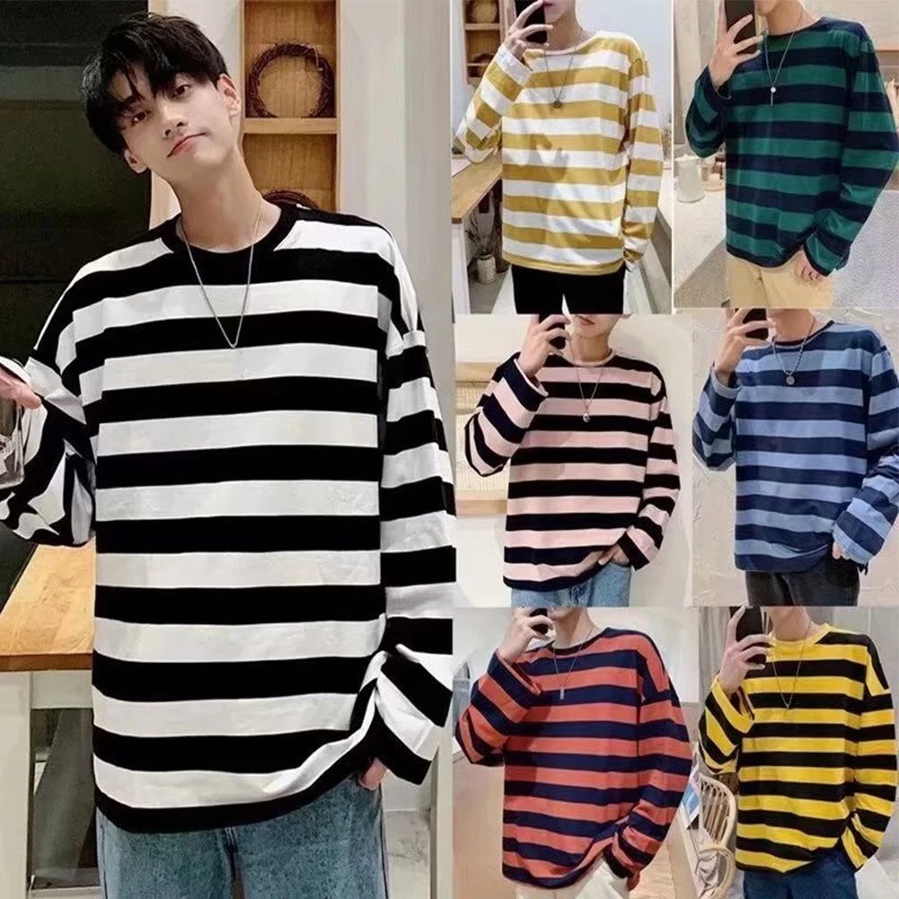 Casual Style Men's Long Sleeve T Shirt with Stripes and Comfortable Fit