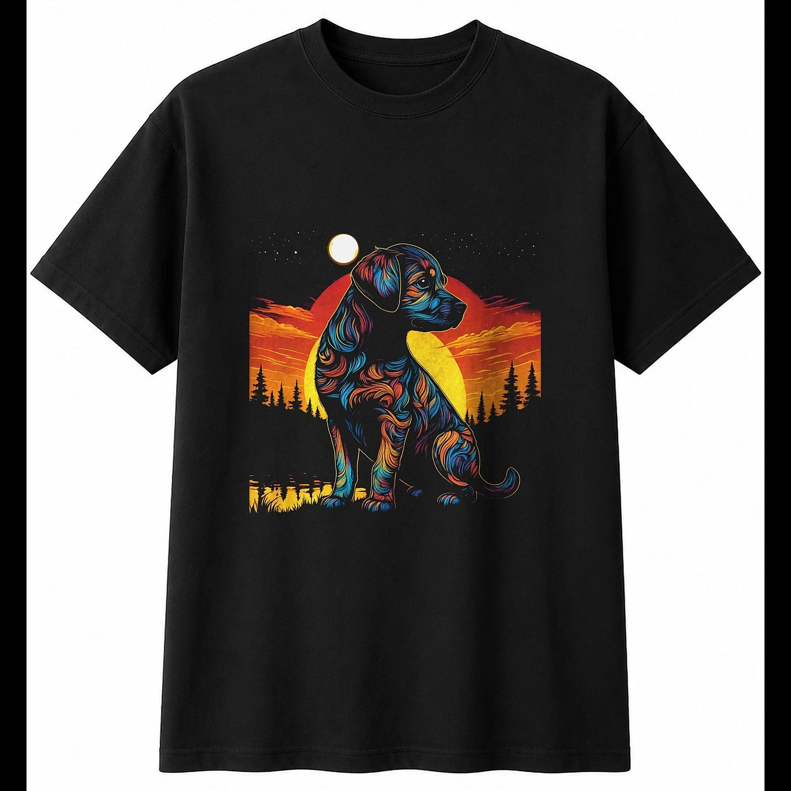 Detailed Puppy in Moonlight Dog Mens T-Shirt Black 100% Cotton Kawaii