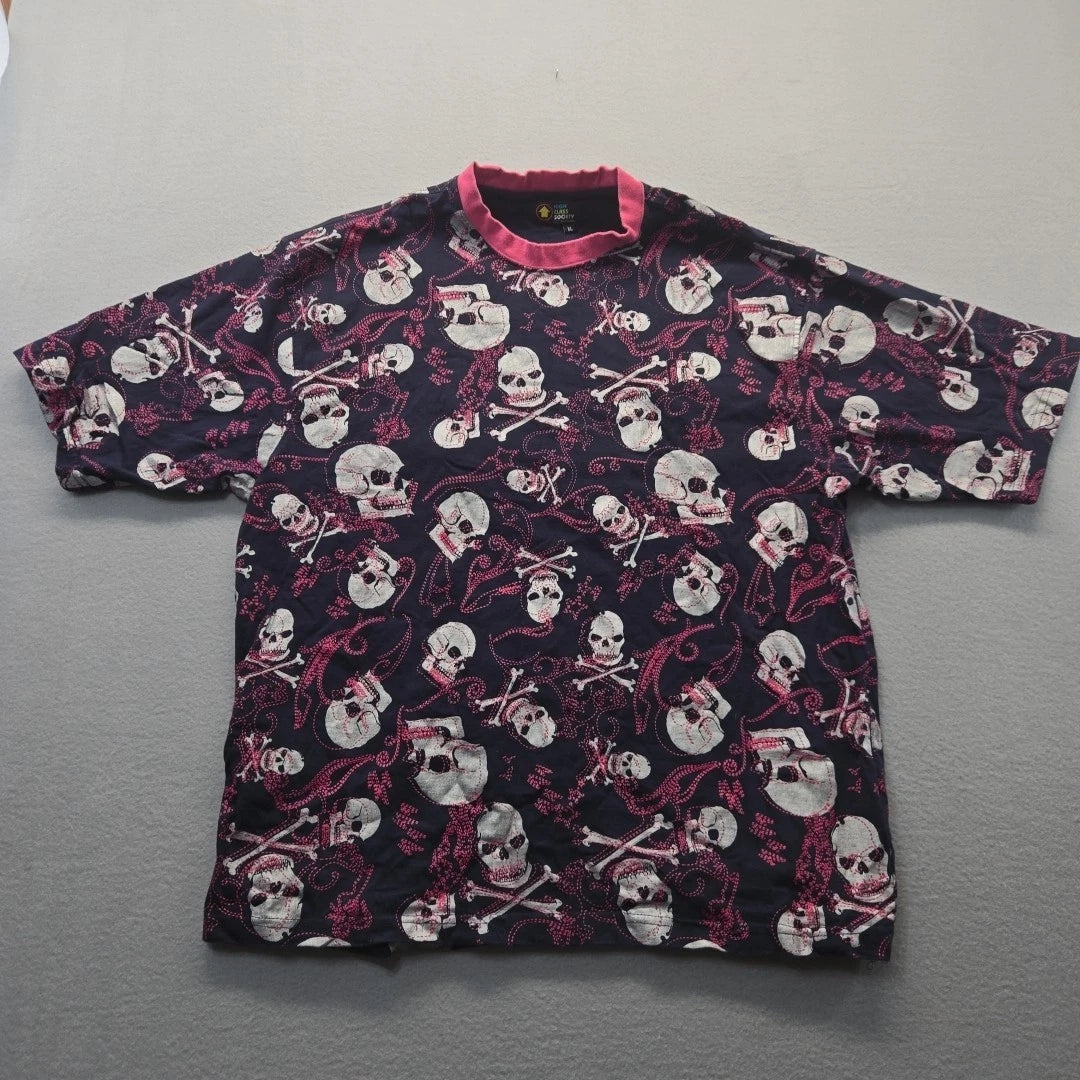 Vintage Y2K High Class Society Skulls Rocker Cotton  Shirt XL Black & Pink