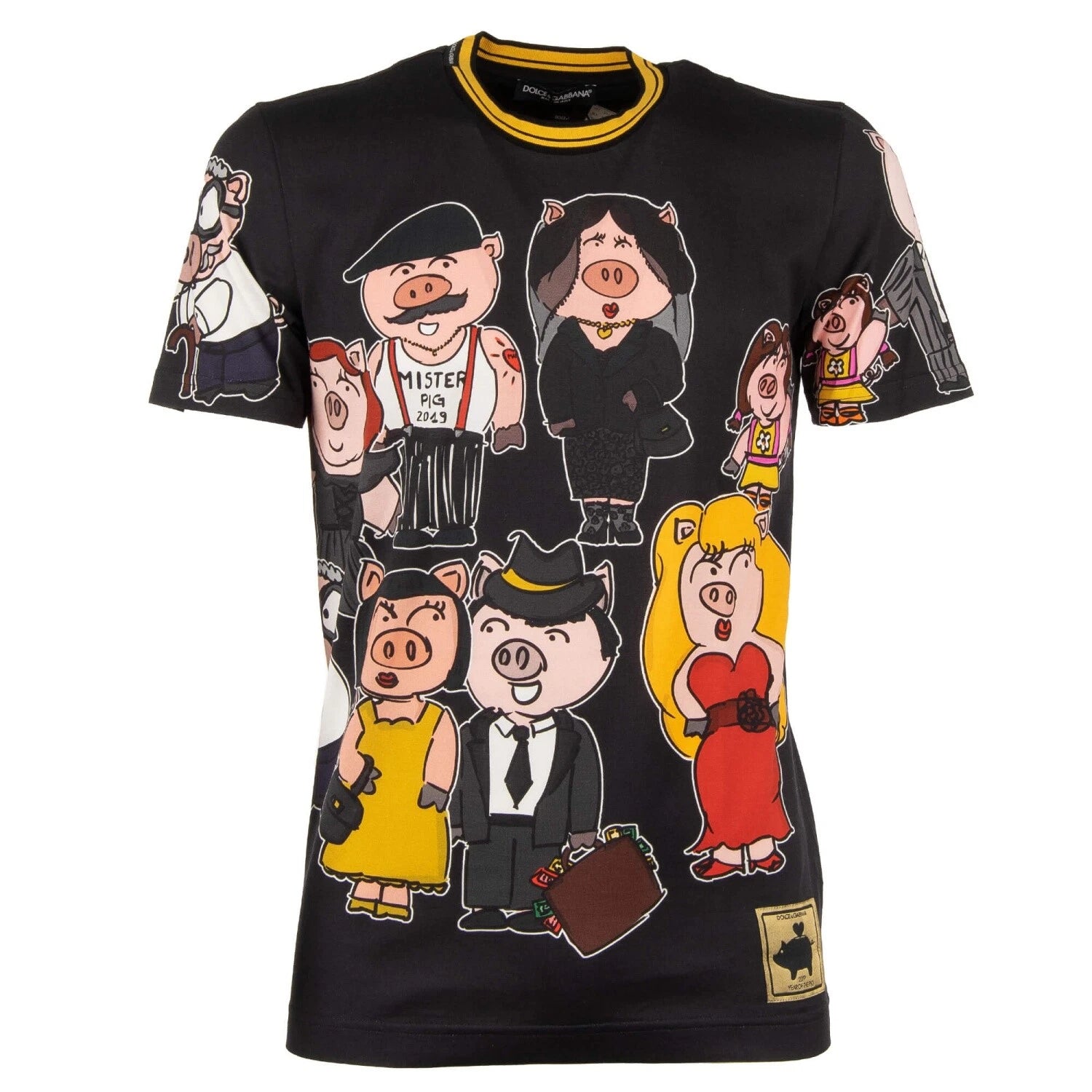 Dolce & Gabbana Cotton Slim Fit T-Shirt Pig Print Logo Sticker Black 11068