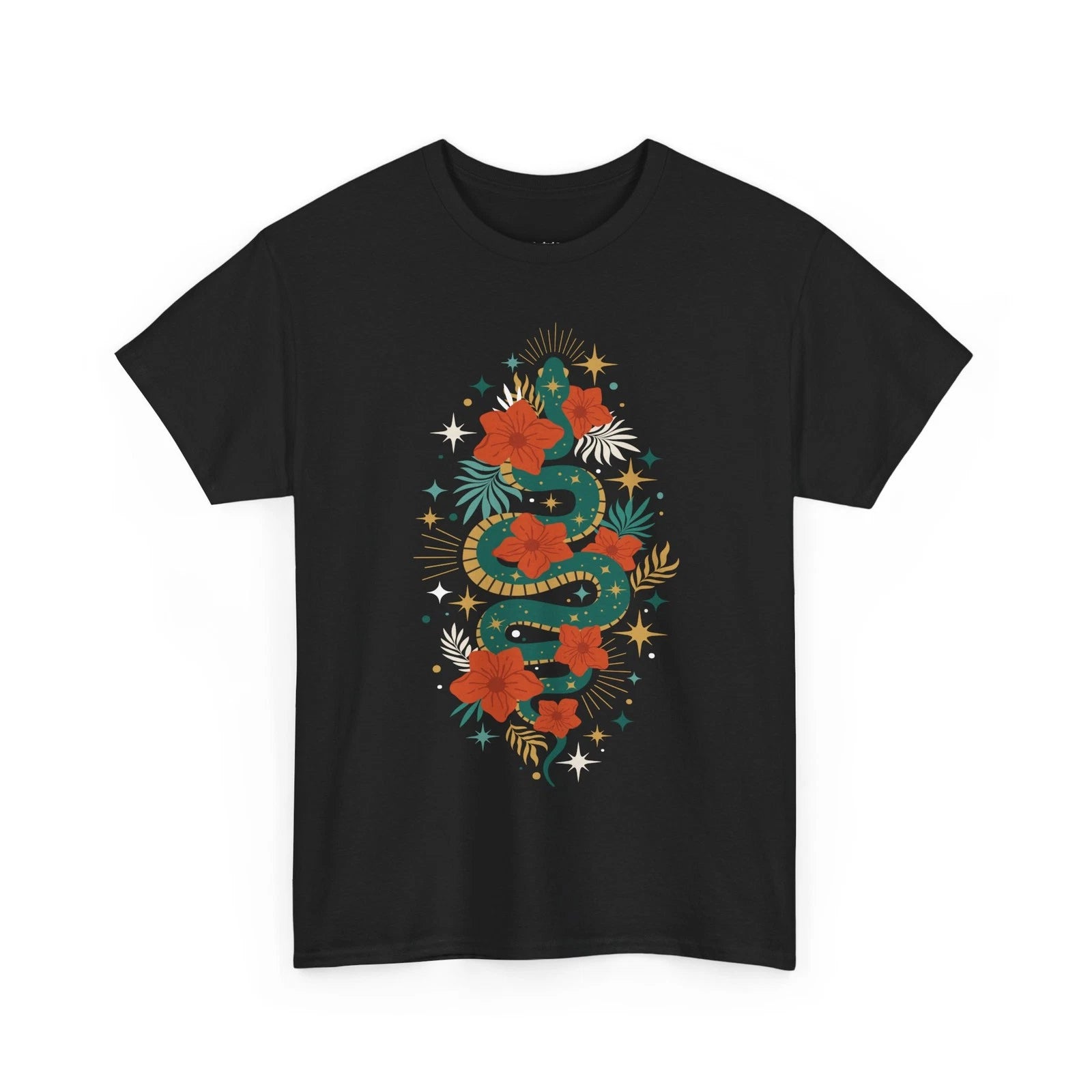 Boho Jade Snake Stars Flowers Cotton Tee Unisex T-Shirt Shirts Bohemian Serpent