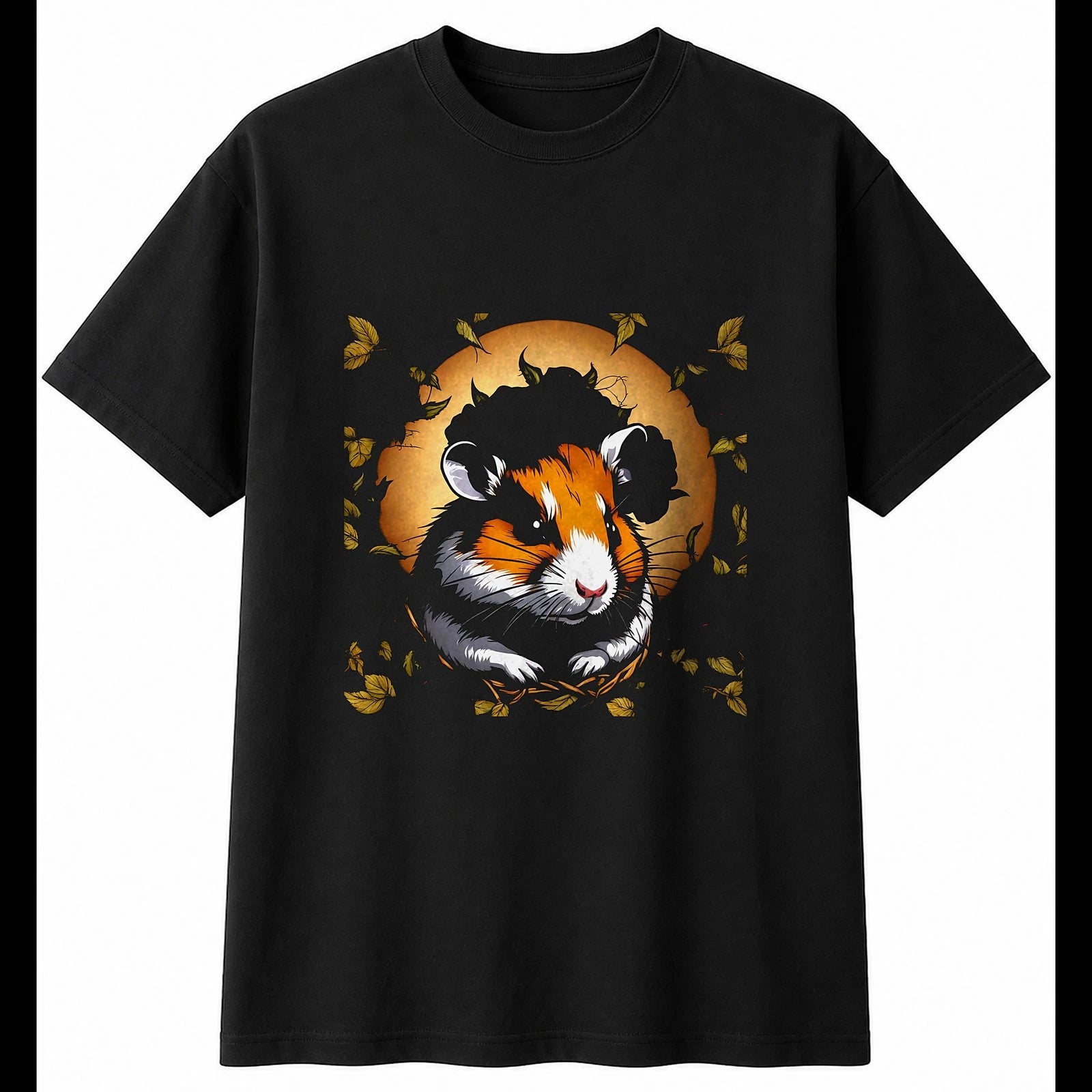 Airbrush Hamster with Roses Cute Mens T-Shirt Black 100% Cotton Kawaii Unisex