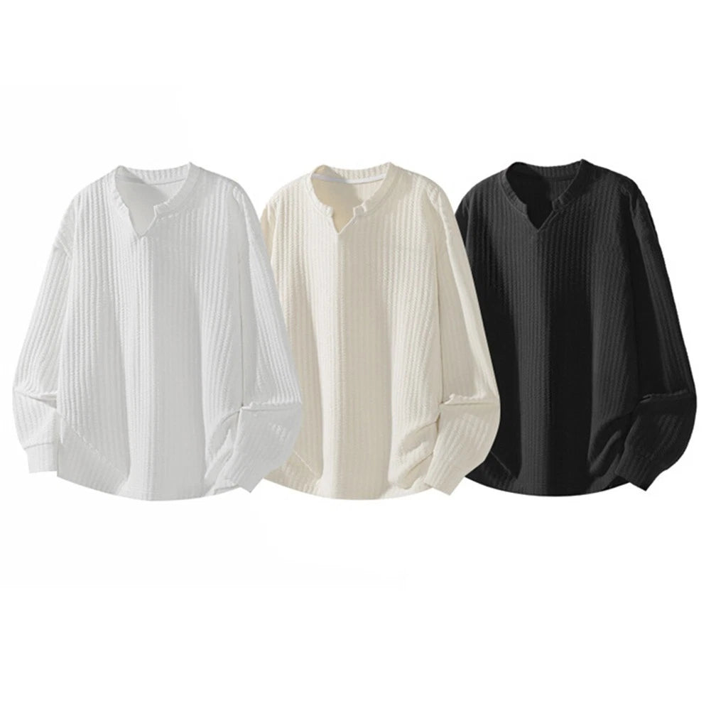 Men Solid Long Sleeve Tshirts Casual Vneck Streetwear Loose Tops Sweatshirts