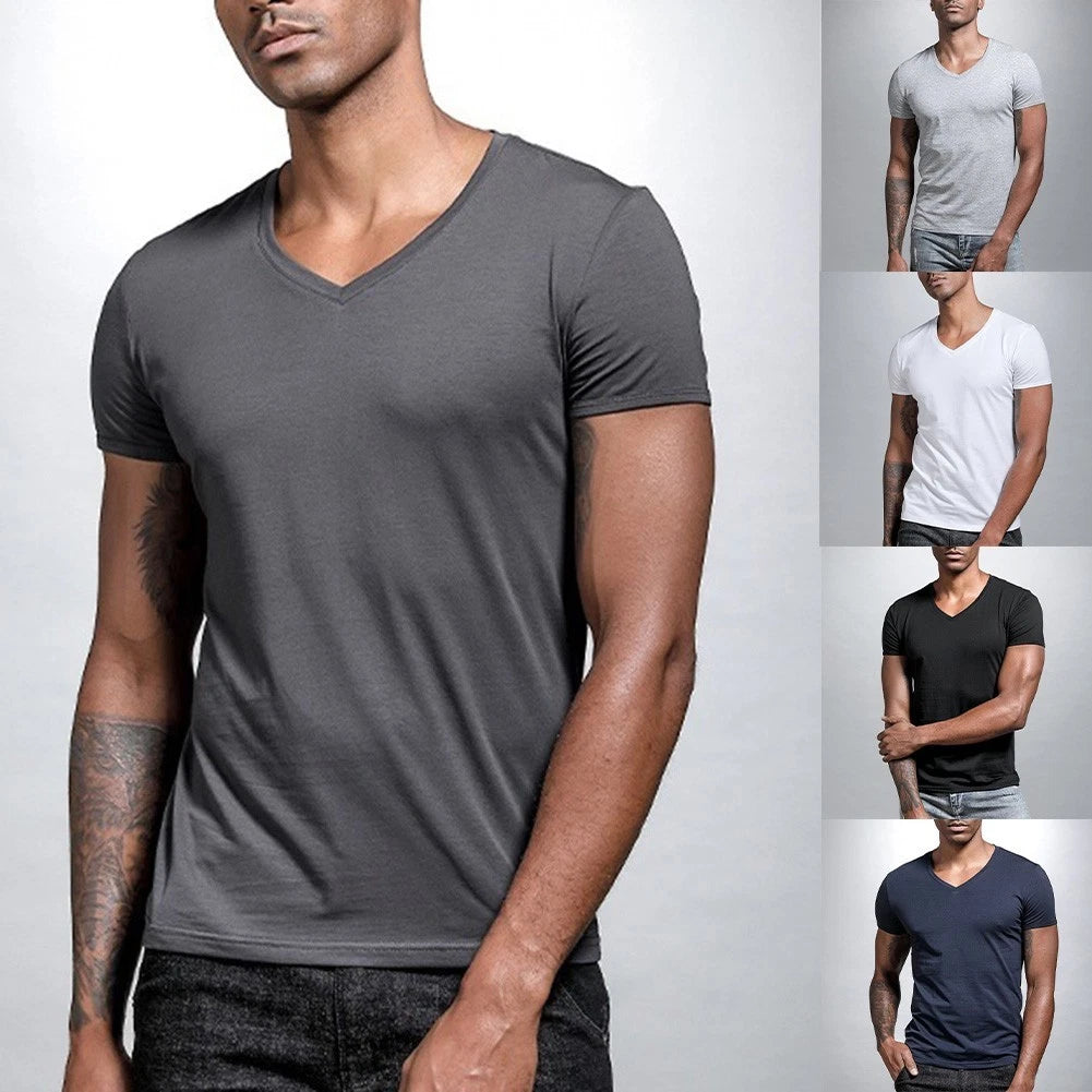 Men V-neck T-shirt Plus Size Tee Casual Wear Summer Solid Color V-neck