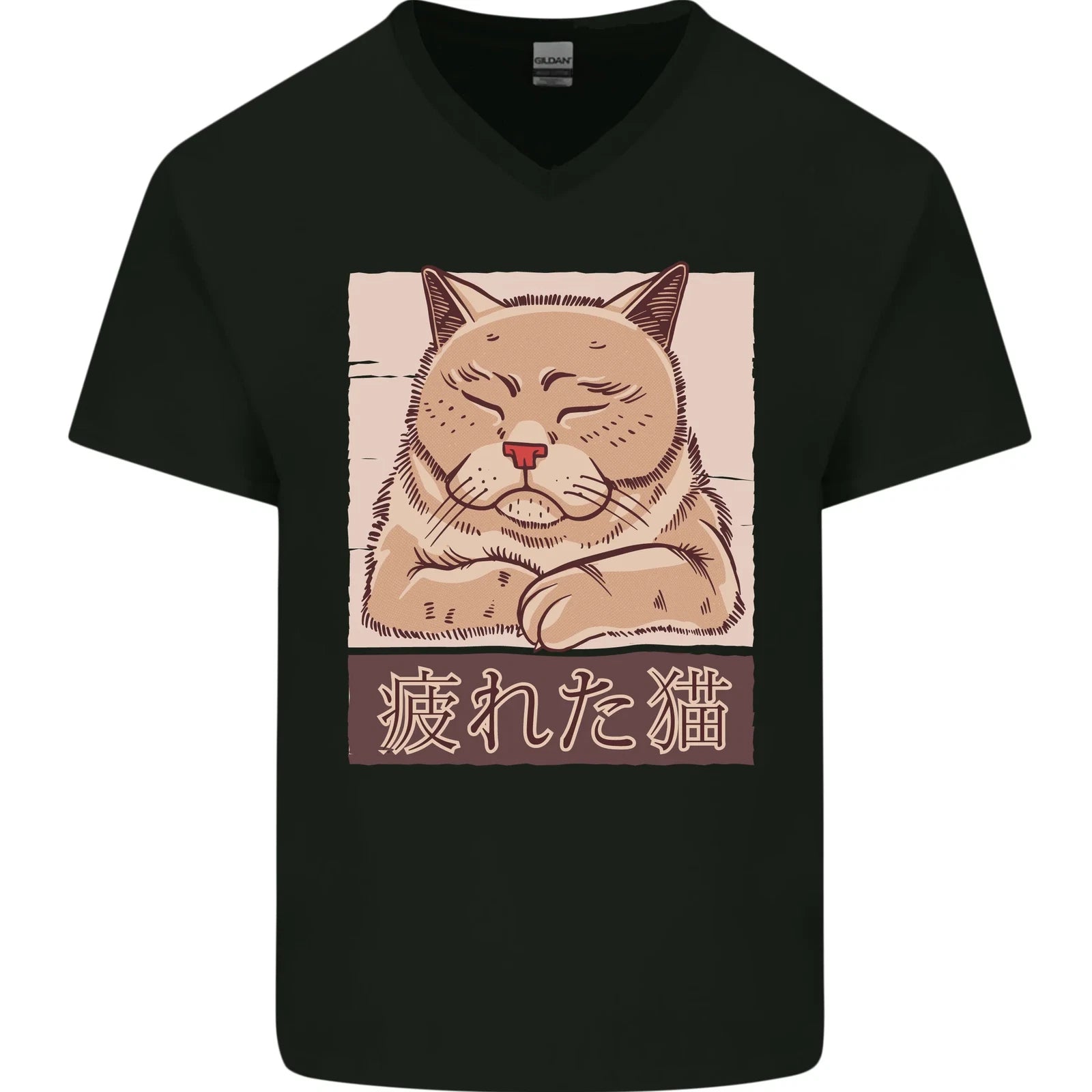 A Tired Cat Mens V-Neck Cotton T-Shirt