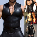 Men's Fashionable Shiny Leather Sleeveless Zip T shirt for Clubs and Events