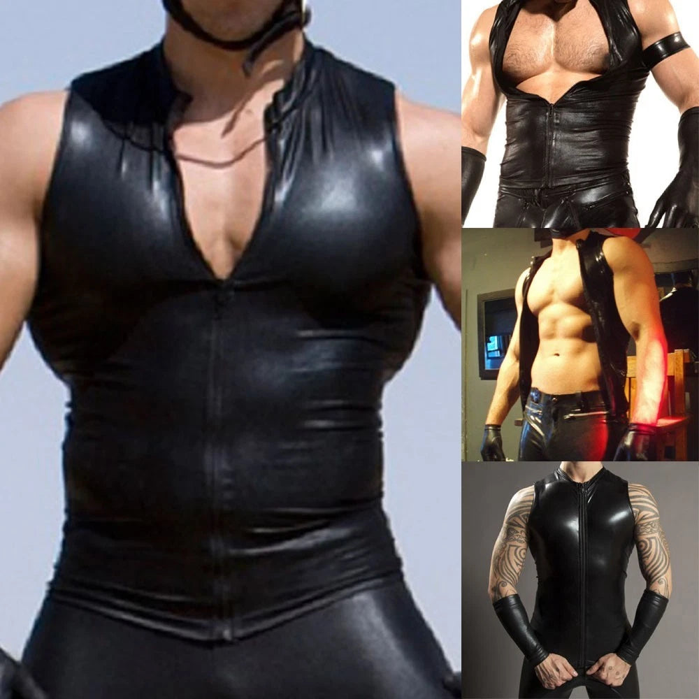 Men's Fashionable Shiny Leather Sleeveless Zip T shirt for Clubs and Events