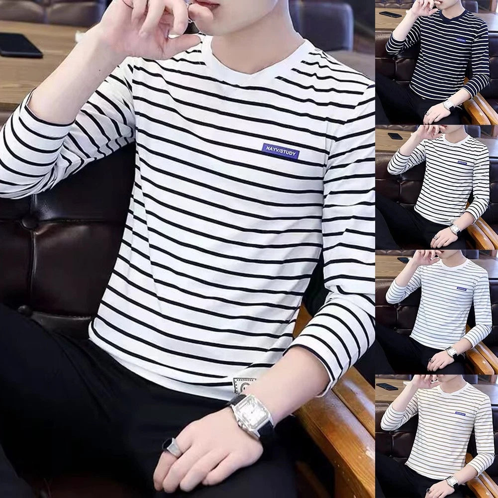 Long Sleeve Round Neck Stripe T-Shirt for Men Korean Style Slim Fit Casual Wear