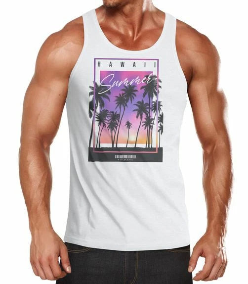 Mens Tank Top Hawaii Summer Lettering Palm Trees Photo Print Summer Surfing