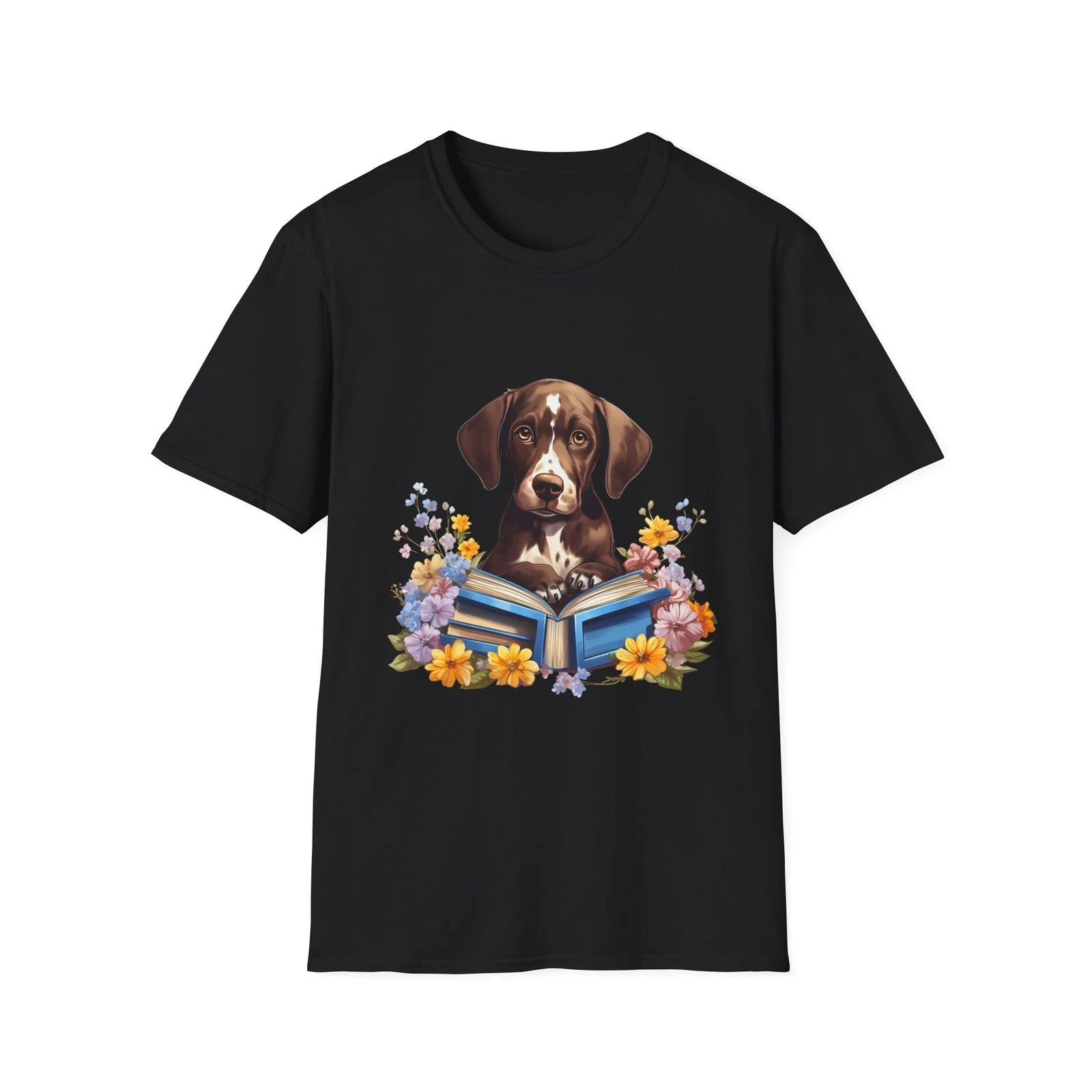 Cute Dog Reading Book T-Shirt, Dog Lover Gift, Floral Art Tee, Pet Owner Shirt,