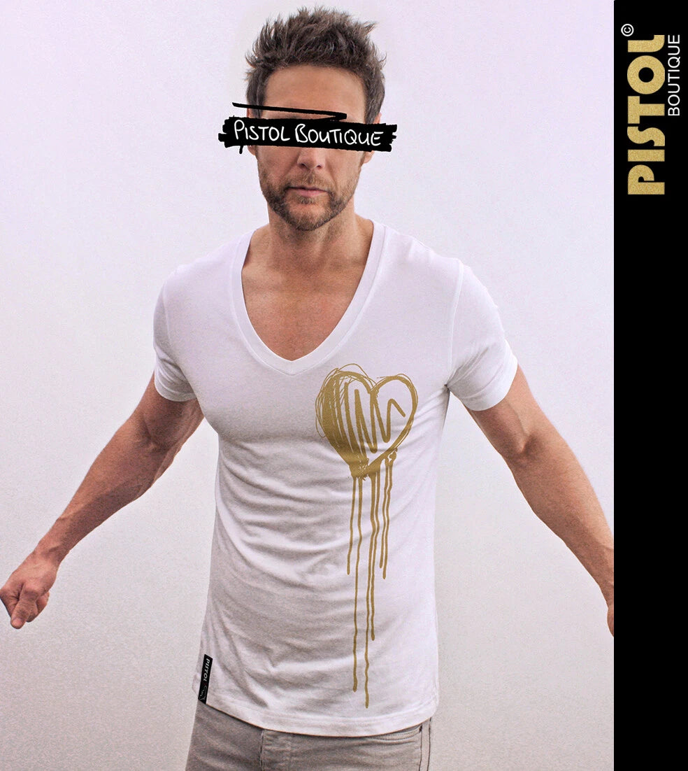 Pistol Boutique Men's Fitted White Deep V neck GOLD DRIBBLE SKETCH HEART T-shirt