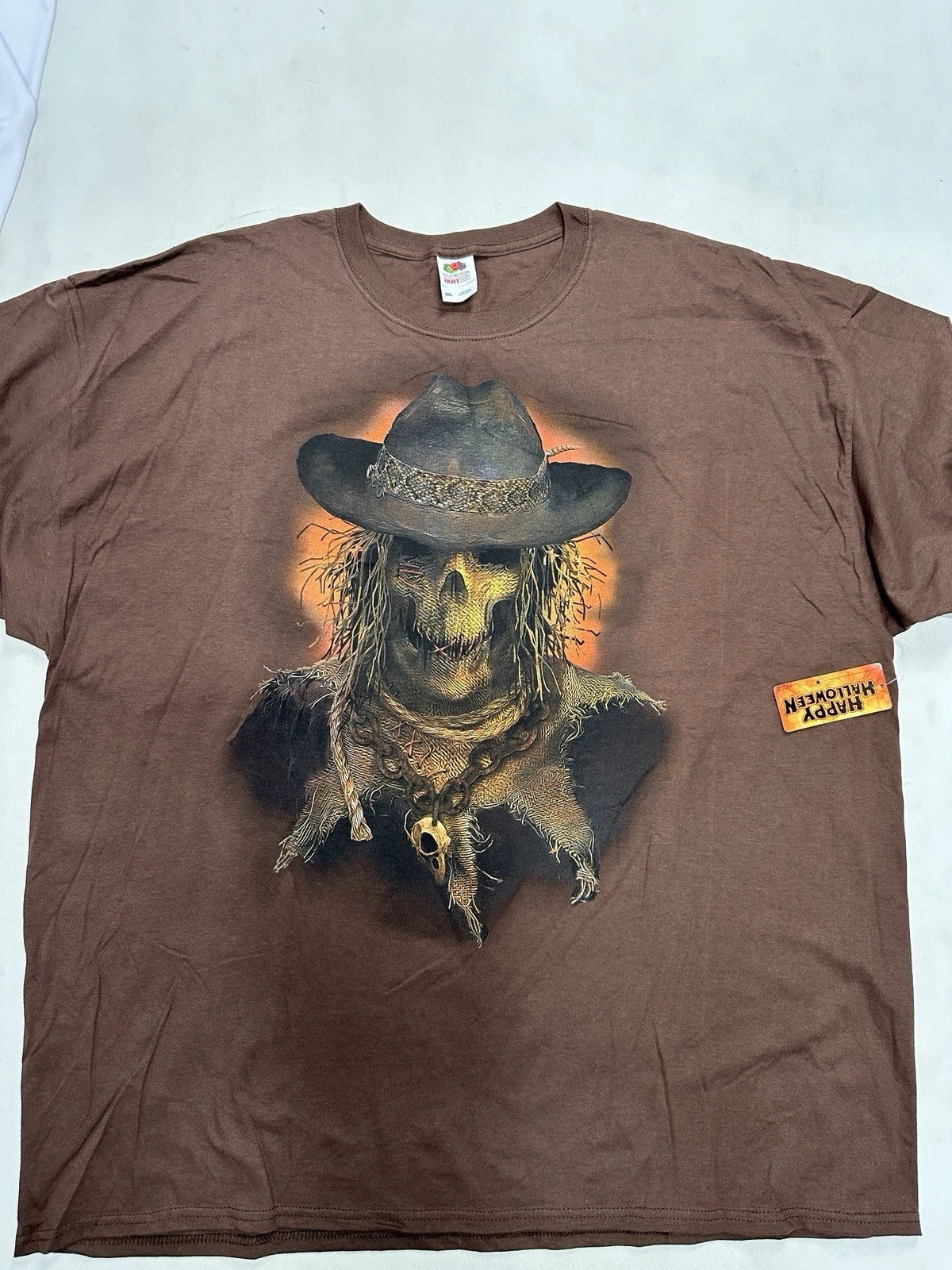 Y2K Happy Halloween Scarecrow Flame Horror Big Graphic T-Shirt Brown Size 3xl