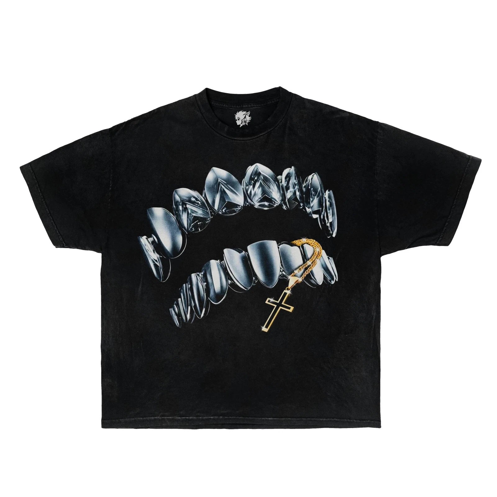 Iced Out Grillz Cross Chain Graphic T-Shirt Hip Hop Streetwear Y2K Urban Fashion