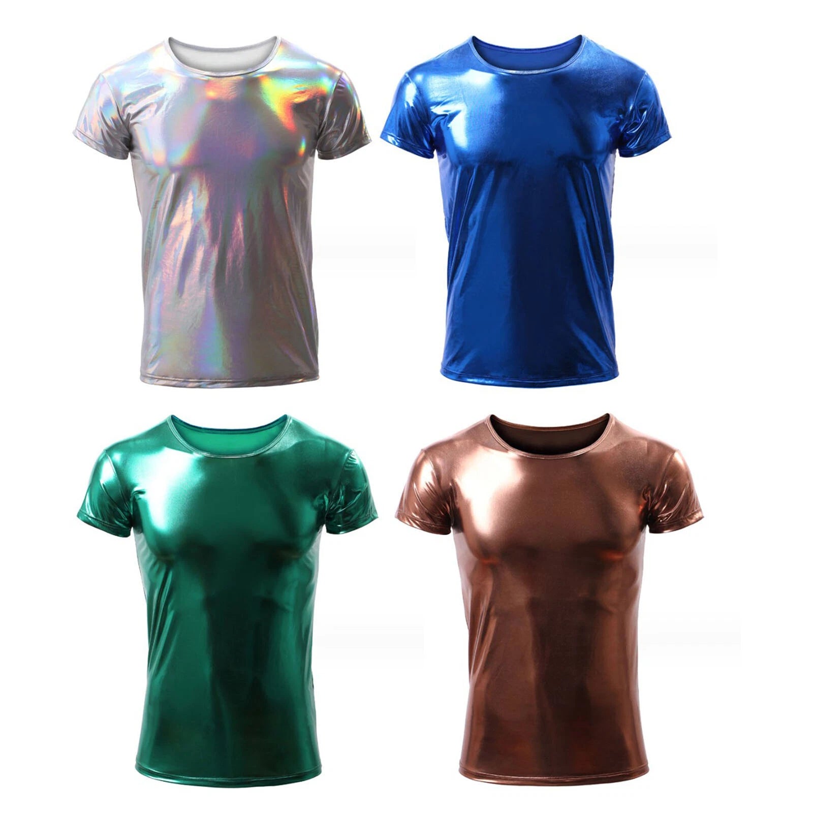 Men's Shiny Metallic Short Sleeve T-shirts Nightclub Party Slim Fit Muscle Shirt
