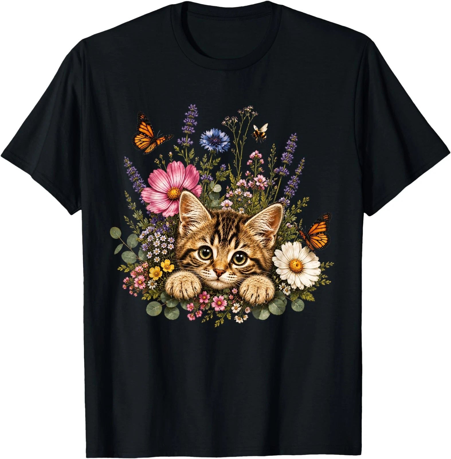Cat Flower Floral Cute Cat Flower T-Shirt