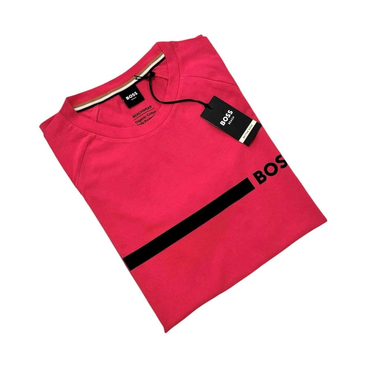 Boss Men's Beachwear Crew Neck Organic Cotton Slim Fit Short Sleeve Shirt_ Red