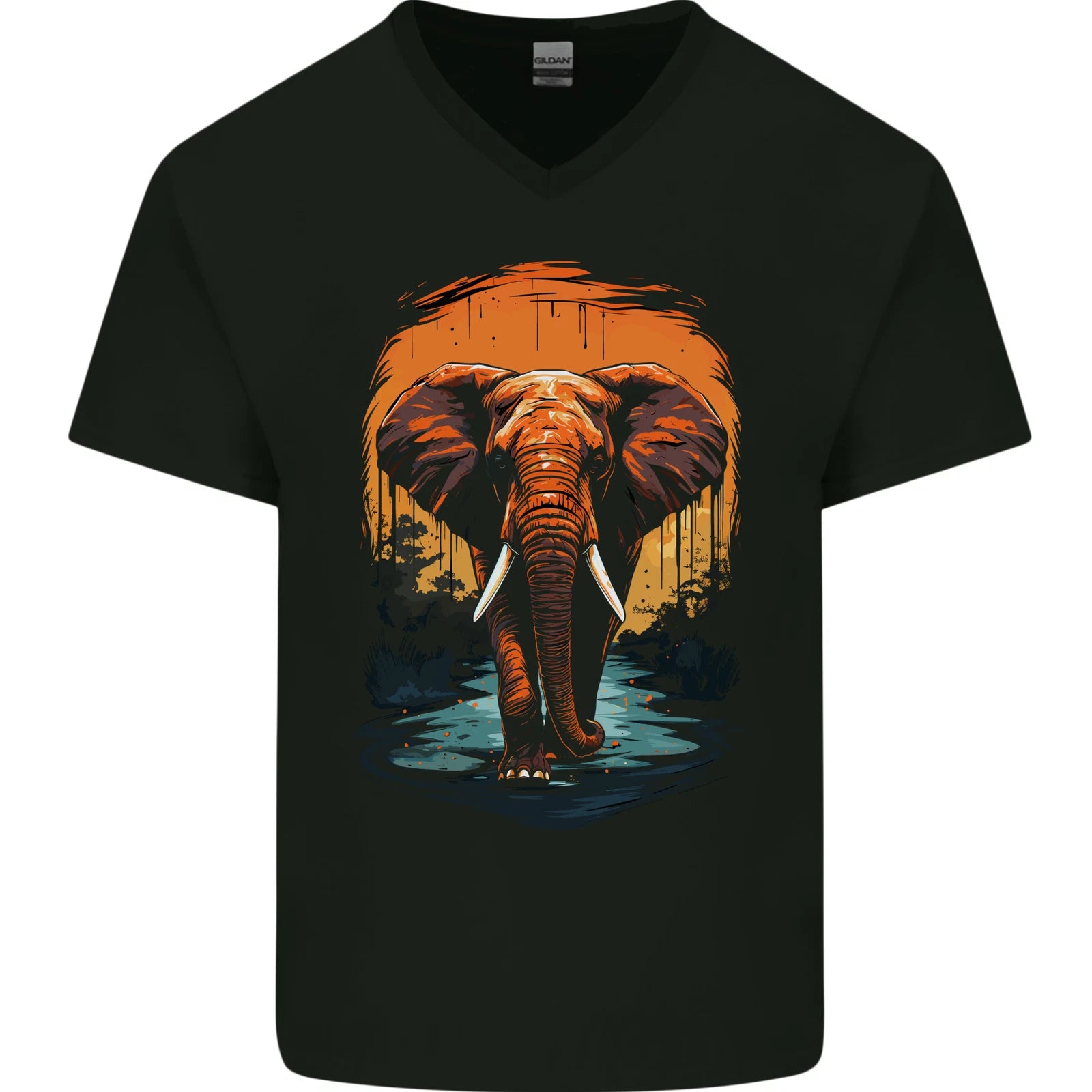 Elephant Sunset Mens V-Neck Cotton T-Shirt