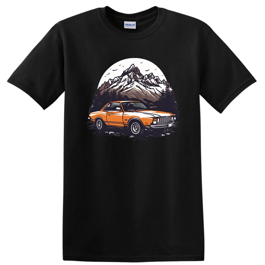Classic Orange Car Mountain Adventure T Shirt Vintage Retro Driving Tee