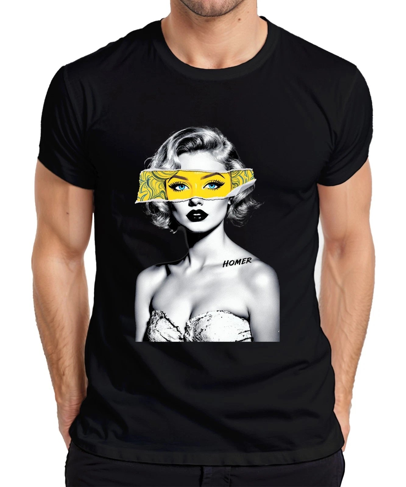 Pop Art HOMER Blonde Woman Yellow Eye Mask Blue Eyes Retro Mens T-Shirt