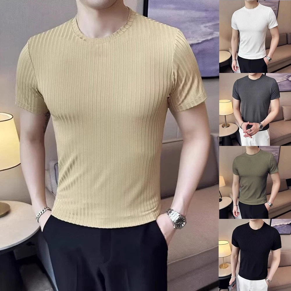 Short Sleeve Slim Fit T-Shirt for Men Breathable Ribbed Crew Neck Thin Top