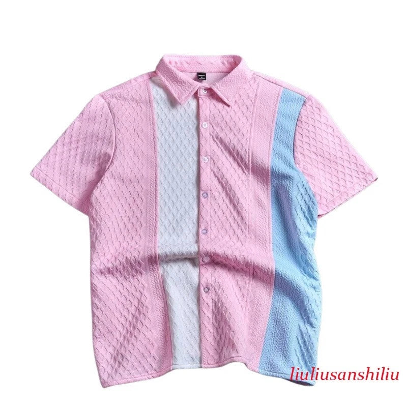 Men's Jacquard Shirt Casual Slim Shirts Short Sleeve Button Down Tops Blouse