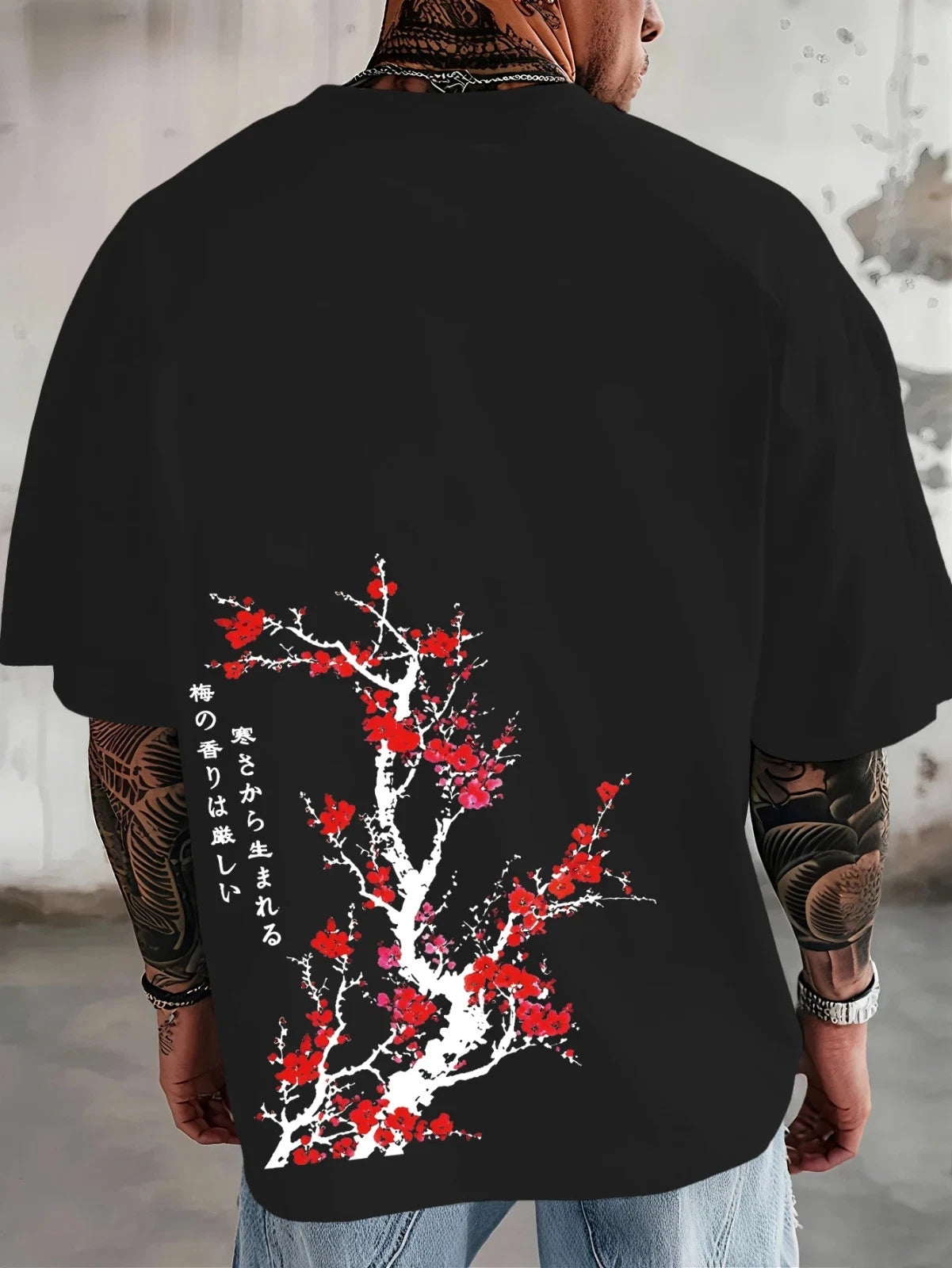 Men's Oversized Japanese Plum Blossom Print T-shirt 100% Polyester Aesthetic