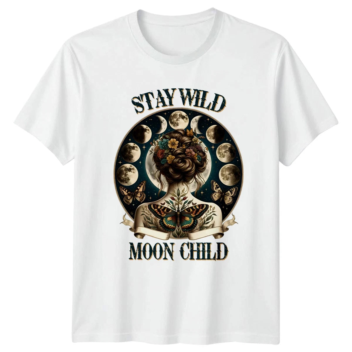 Stay Wild Moon Child Womens T-Shirt Moon Phases Celestial Birthday Gift For Her