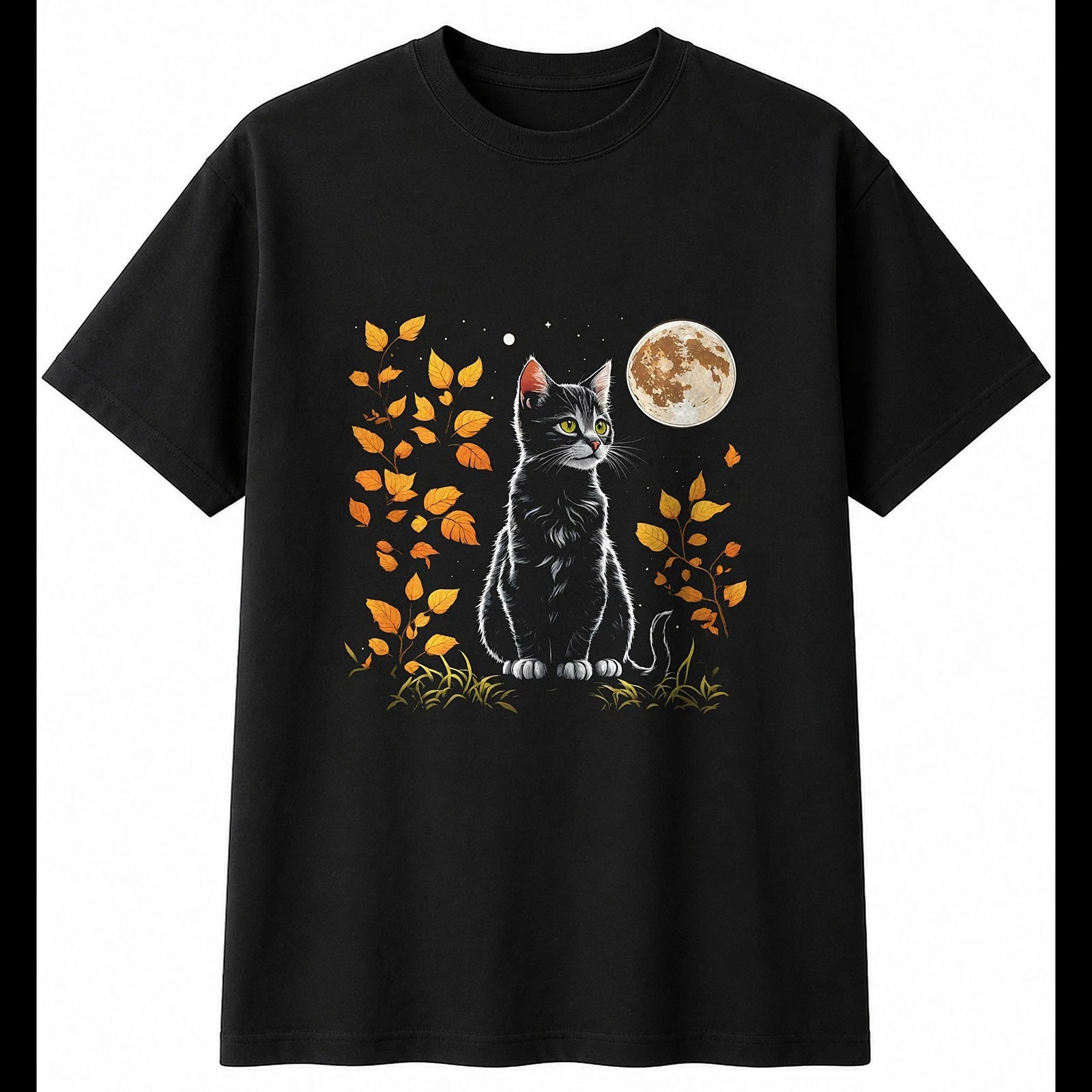 Botanical Kitten in Moonlight Cat Cute Mens T-Shirt Black 100% Cotton Kawaii