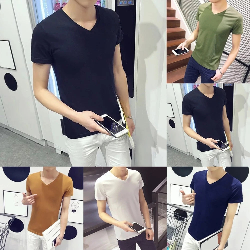 Mens Short Sleeve Tshirts V Neck Casual Solid Loose Pullover Tops for Fitness