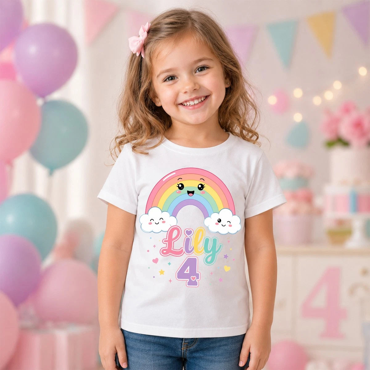 Personalised Rainbow Girls 4th Birthday T Shirt Custom Name Age